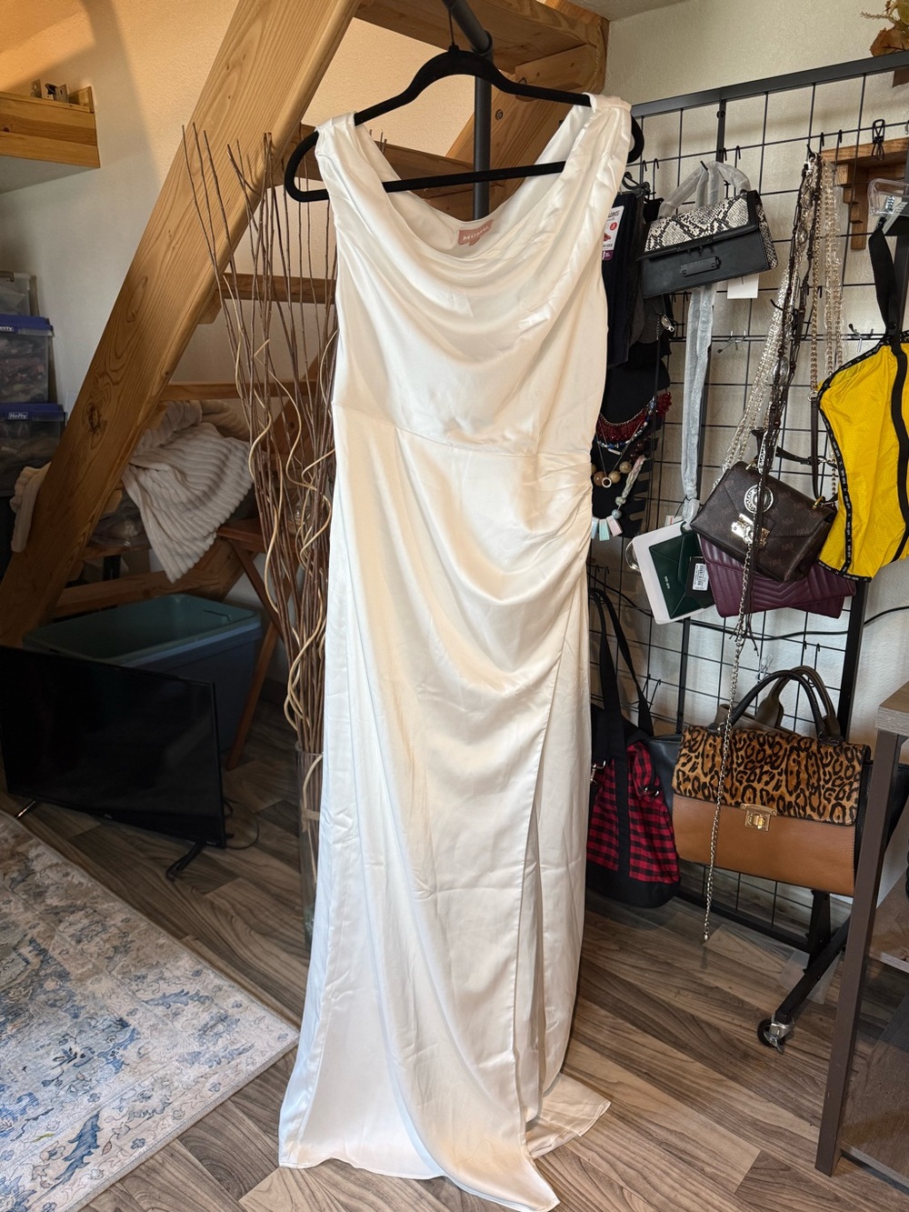 Show Me Your Mumu Ivory Satin Draped Maxi Dress Side Slit Large NWOT